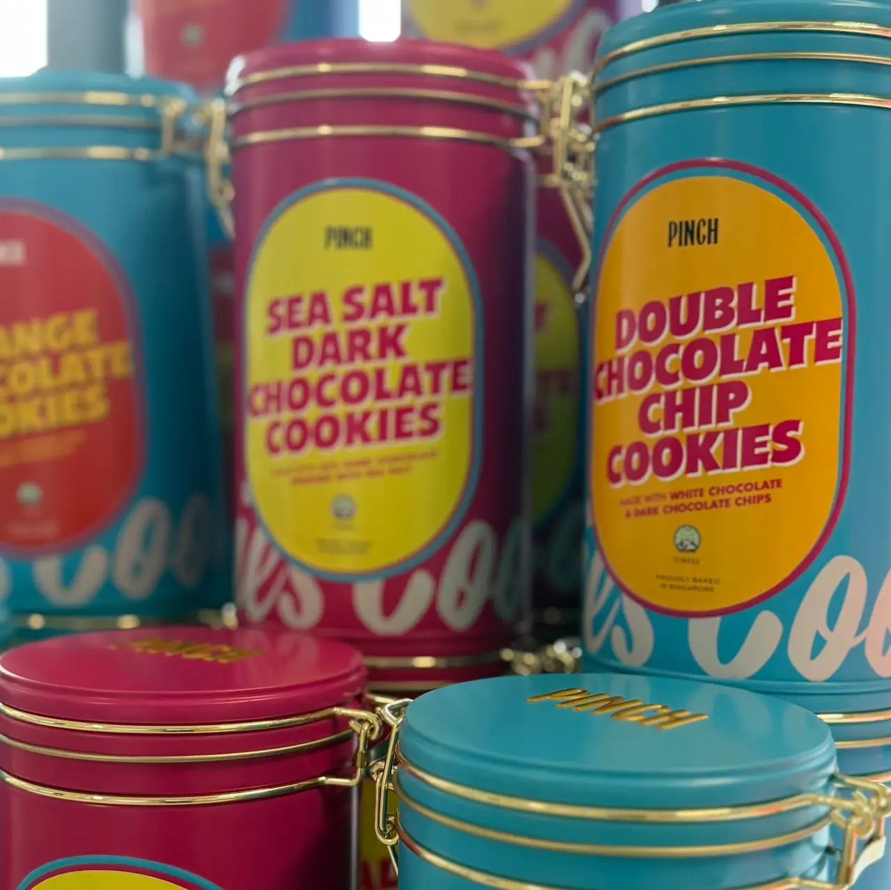 Pinch Bakehouse Sea Salt Dark Chocolate and Double Chocolate Chip halal cookie tins